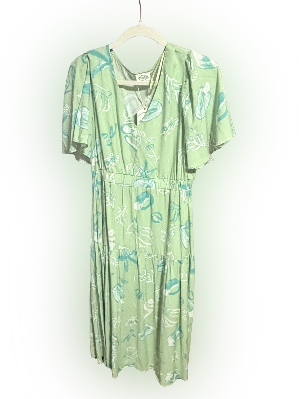 NWT Very J Sage Green Midi Dress with Abstract Sea Life Design, Medium
